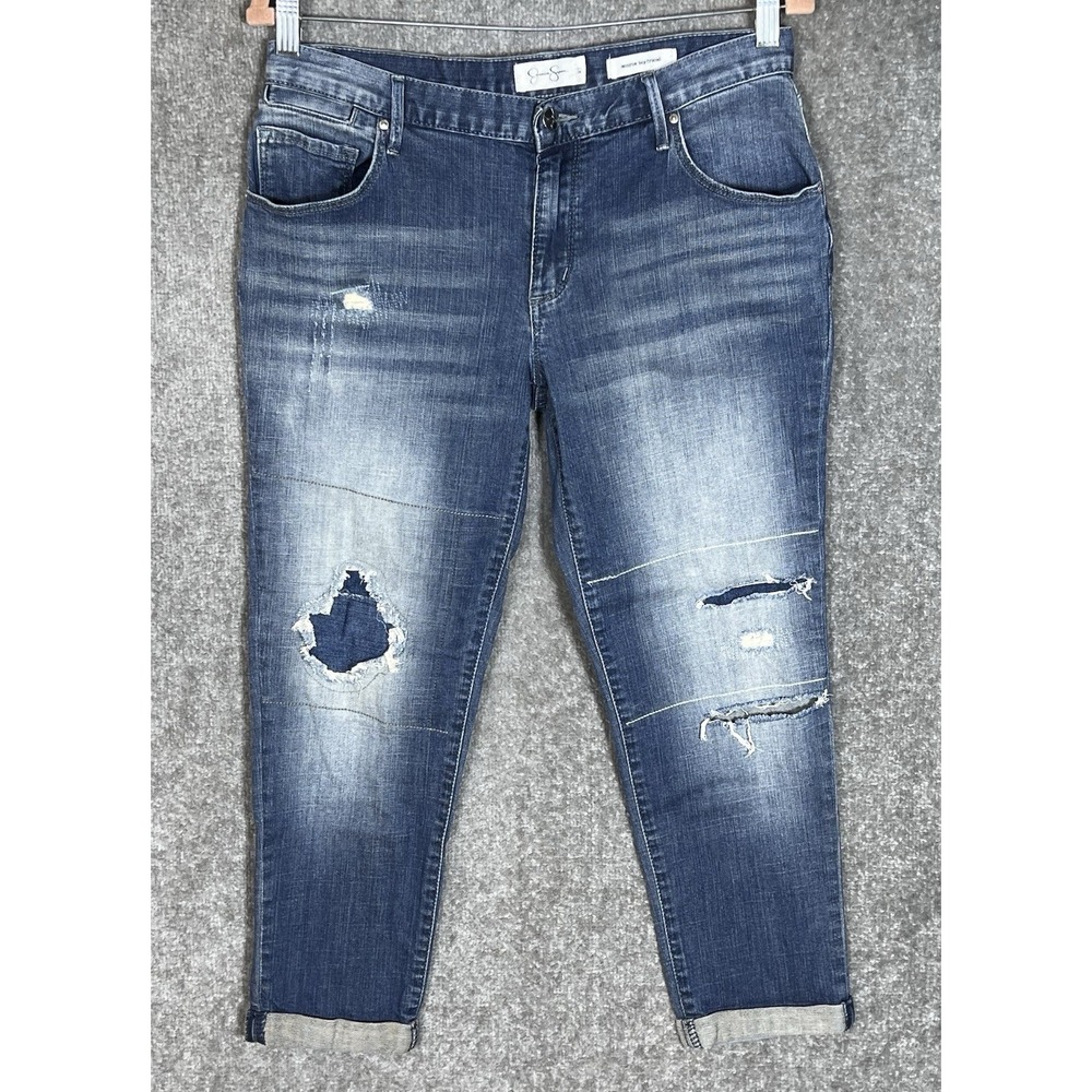 Jessica Simpson Monroe Boyfriend Jeans Womens Size 27 Blue Distressed Cuffed